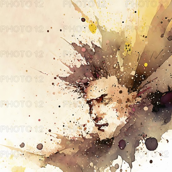 Individuality and identity theme showing a nearly abstract male human face in brown toned vibrant splashy ambiance. AI generated image with lots of paint splashes, splatter and spots