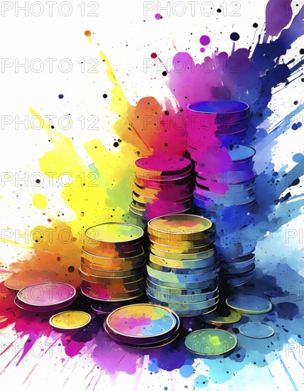 Financial theme showing some coins in multicolored vibrant splashy ambiance. AI generated image with lots of paint splashes, splatter and spots