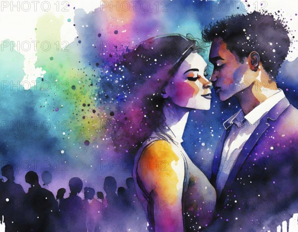 AI generated image showing a couple in a crowd at evening time, watercolor style with splashes and spots