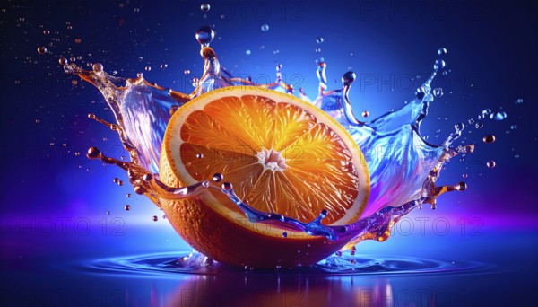 Halved orange fruit in flashy ambiance. AI illustration with light effects and liquid splashes, AI generated