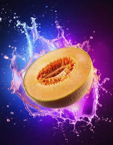 Halved honeydew melon in flashy ambiance. AI illustration with light effects and liquid splashes, AI generated