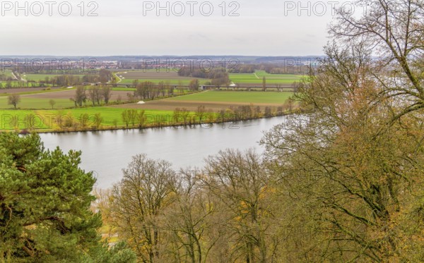 High angle scenery around Danube river near Regensburg in Bavaria in Germany at autumn time