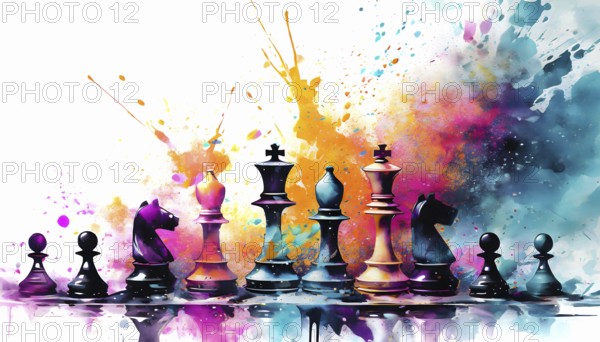 Gaming theme showing some chess pieces in multicolored vibrant splashy ambiance. AI generated image with lots of paint splashes, splatter and spots