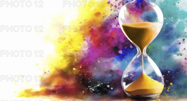 Passage of time theme showing a hourglass in multicolored vibrant splashy ambiance. AI generated image with lots of paint splashes, splatter and spots