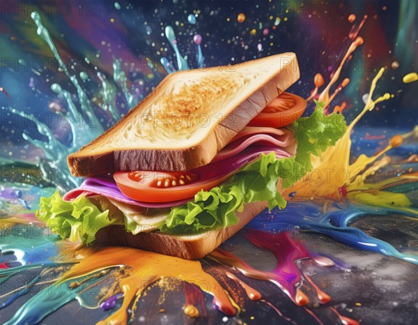 Fast food theme showing a sandwich in multicolored vibrant splashy ambiance. AI generated image with lots of paint splashes, splatter and spots