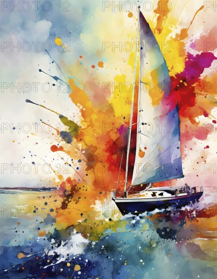 Seafaring and travel theme showing a sailboat in multicolored vibrant splashy ambiance. AI generated image with lots of paint splashes, splatter and spots