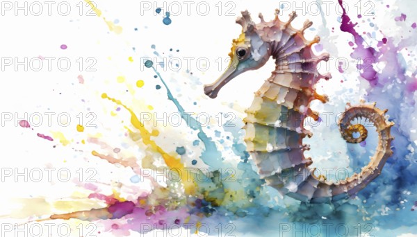 Marine animal theme showing a sea horse in multicolored vibrant splashy ambiance. AI generated image with lots of paint splashes, splatter and spots