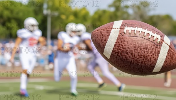 AI generated image showing a rugby scenery with ball closeup on a playing field with players