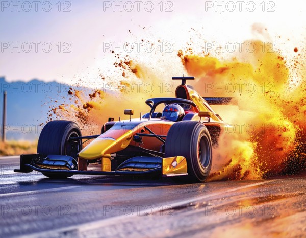 Flashy racing car in multicolored vibrant splashy ambiance. AI generated image with lots of splashes, splatter and spots