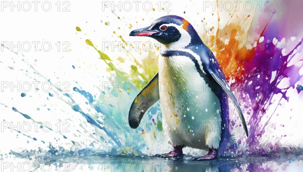 Animal and wildlife theme showing a penguin in wet multicolored vibrant splashy ambiance. AI generated image with lots of paint splashes, splatter and spots