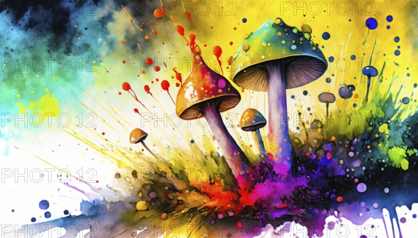 Recreational drugs theme showing some magic mushrooms in multicolored vibrant splashy ambiance. AI generated image with lots of paint splashes, splatter and spots