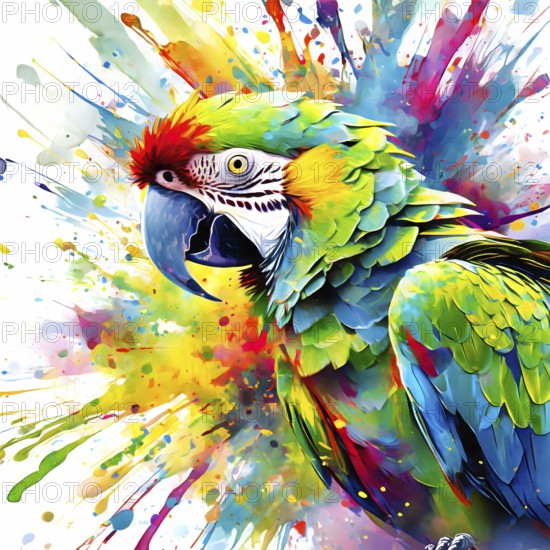 Wildlife and animal theme showing a parrot in multicolored vibrant splashy ambiance. AI generated image with lots of paint splashes, splatter and spots