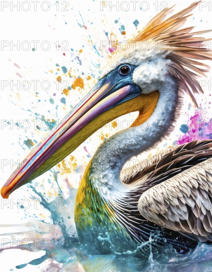 Wildlife and animal theme showing a swimming pelican in multicolored vibrant splashy ambiance. AI generated image with lots of paint splashes, splatter and spots