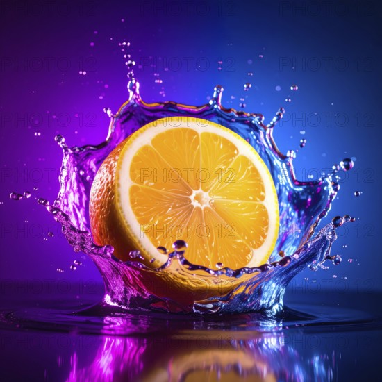 Orange fruit in flashy ambiance. AI illustration with light effects and liquid splashes, AI generated