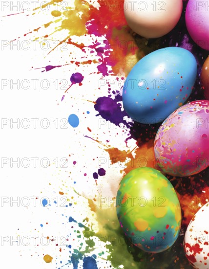 Easter theme showing colored Easter eggs in multicolored vibrant splashy ambiance. AI generated image with lots of paint splashes, splatter and spots