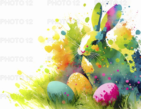 Easter theme showing colored Easter eggs and Easter Bunny in multicolored vibrant splashy ambiance. AI generated image with lots of paint splashes, splatter and spots
