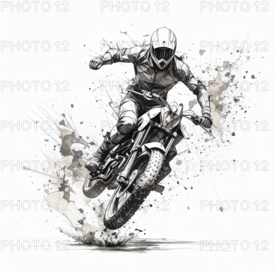 AI generated sketch of a motorcyclist in racing ambiance, with splashes, splatter and spots