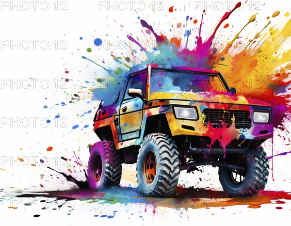 Outdoor and adventure theme showing a off-road vehicle in multicolored vibrant splashy ambiance. AI generated image with lots of paint splashes, splatter and spots