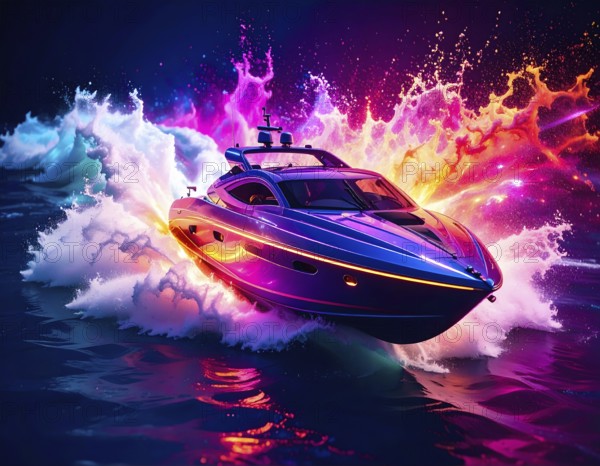 Watercraft theme showing a speedboat in multicolored vibrant splashy ambiance. AI generated image with lots of splashes, splatter and spots
