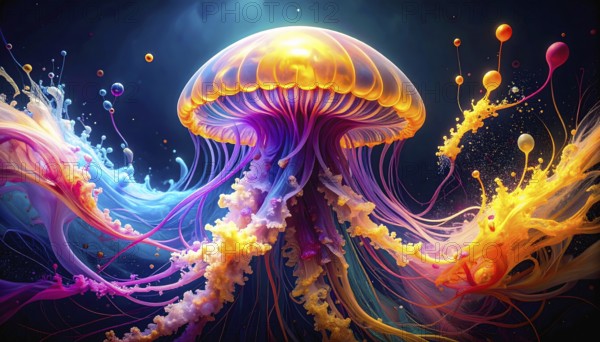 AI generated marine animal and sea life theme showing a floating jellyfish in dark ambiance with colorful bubbles