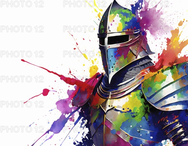 Medieval theme showing a knight in multicolored vibrant splashy ambiance. AI generated image with lots of paint splashes, splatter and spots