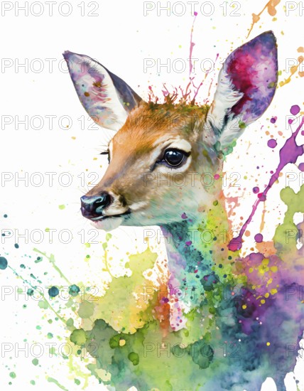 Animal and wildlife theme showing a roe deer in multicolored vibrant splashy ambiance. AI generated image with lots of paint splashes, splatter and spots