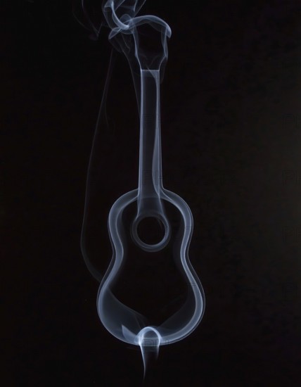 AI generated image showing a symbolic smoke-shaped guitar in dark ambiance