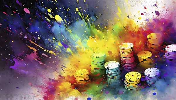 Gambling theme showing stacked jetons in multicolored vibrant splashy ambiance. AI generated image with lots of paint splashes, splatter and spots