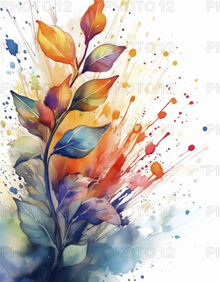 Plant and growth theme showing a colorful plant shoot in multicolored vibrant splashy ambiance. AI generated image with lots of paint splashes, splatter and spots