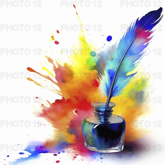 Writing theme showing a inkwell with quill in multicolored vibrant splashy ambiance. AI generated image with lots of paint splashes, splatter and spots
