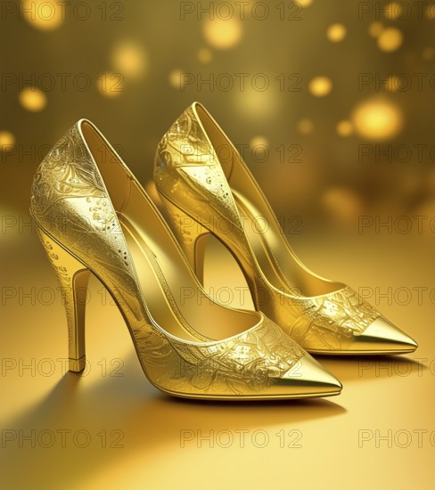 AI generated image showing golden high-heels in golden ambiance
