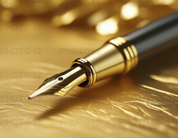AI generated image showing a golden fountain pen closeup in golden ambiance