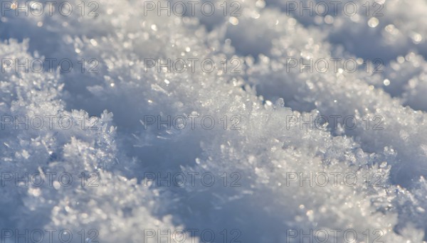 AI generated closeup image showing snow crystals in sunny ambiance
