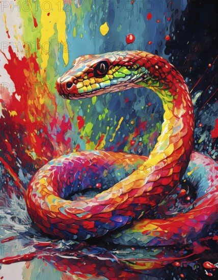 Animal and wildlife theme showing a snake in multicolored vibrant splashy ambiance. AI generated image with lots of paint splashes, splatter and spots