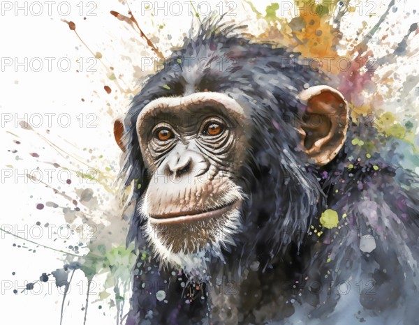 Wildlife and animal theme showing a chimpanzee portrait in multicolored vibrant splashy ambiance. AI generated image with lots of paint splashes, splatter and spots