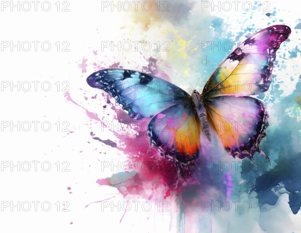 Beauty and animal theme showing a butterfly in multicolored vibrant splashy ambiance. AI generated image with lots of paint splashes, splatter and spots