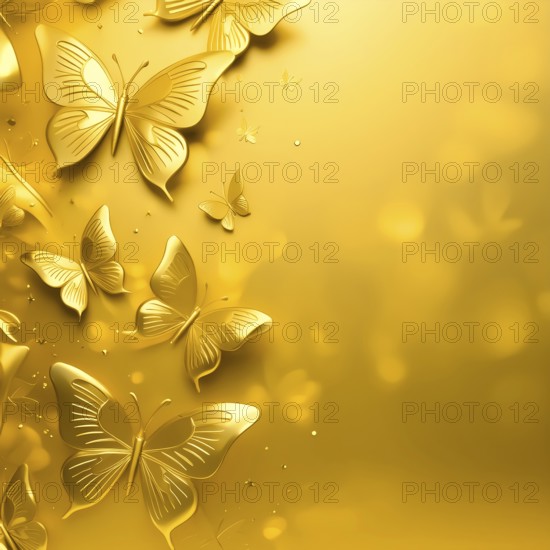 AI generated image showing lots of golden butterflies in golden ambiance