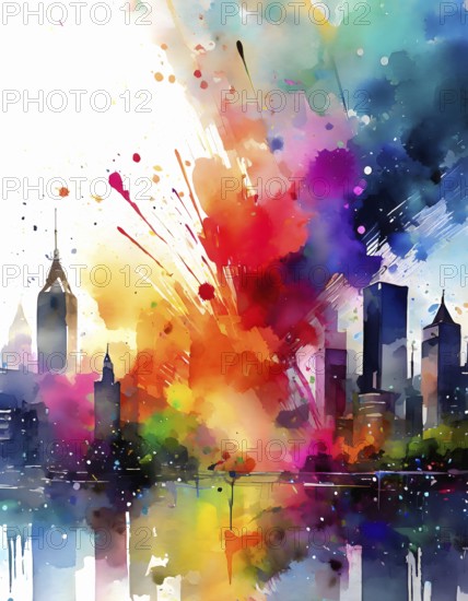 Urban theme showing a city skyline in multicolored vibrant splashy ambiance. AI generated image with lots of paint splashes, splatter and spots
