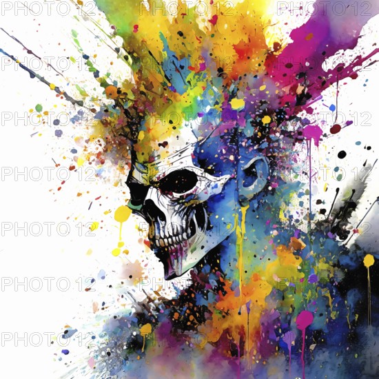 Mortal theme showing a human skull in multicolored vibrant splashy ambiance. AI generated image with lots of paint splashes, splatter and spots