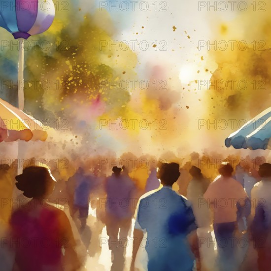 AI generated lifestyle theme showing a street scenery with lots of people in multicolored vibrant watercolor ambiance