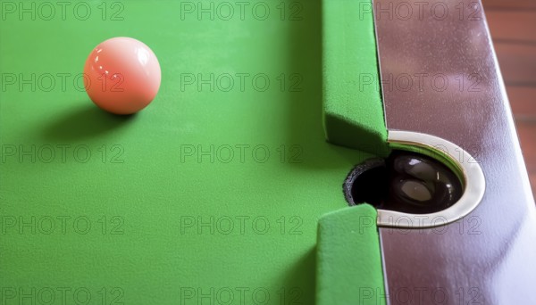 AI generated image showing a billiards table closeup with ball and pocket