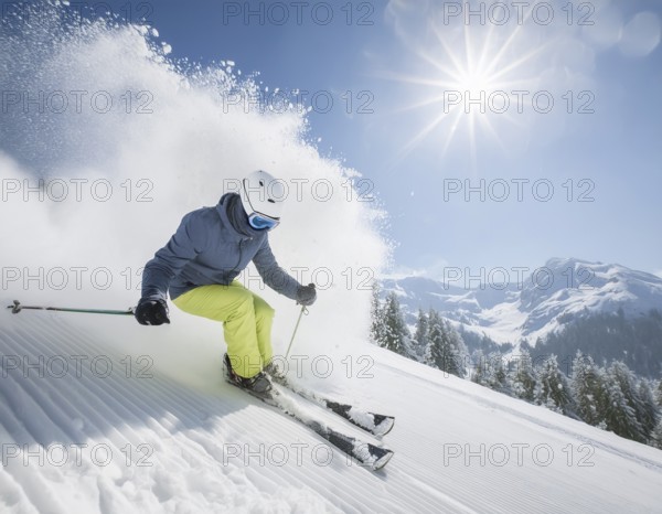 AI generated image showing a winter sports scenery with skier in sunny ambiance
