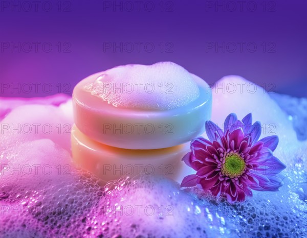 AI generated closeup image showing a colorful illuminated soap bar with decorative blossom and foam