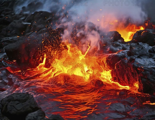 AI generated image showing flowing and glowing lava in rocky coastal dark ambiance