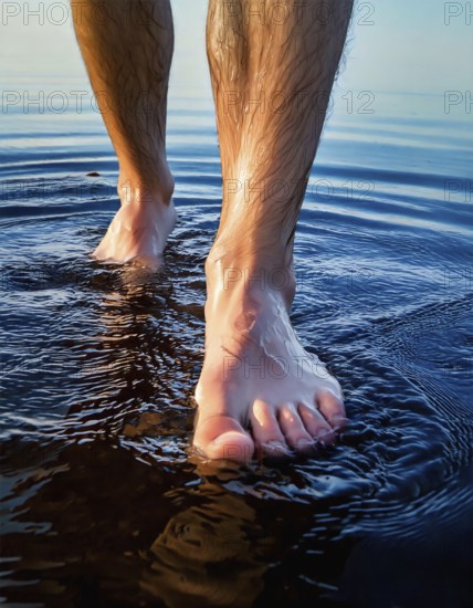 AI generated image showing a pair of male feet walking over water surface