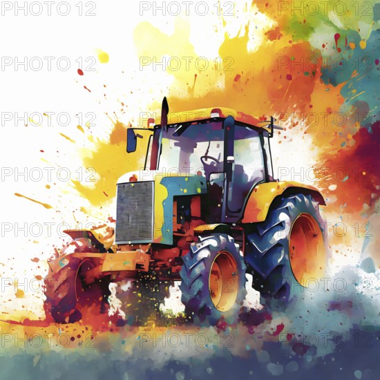 Agricultural theme showing a tractor in multicolored vibrant splashy ambiance. AI generated image with lots of paint splashes, splatter and spots