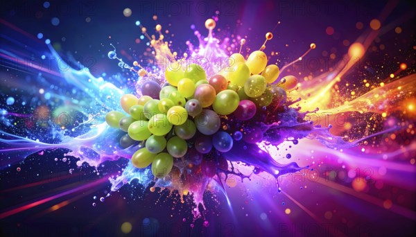 Viticulture and fruit theme showing white and red grapes in multicolored vibrant splashy ambiance. AI generated image with lots of fiery splashes, splatter and spots