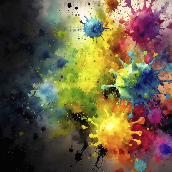 Medical and disease theme showing some viruses in multicolored vibrant splashy ambiance. AI generated image with lots of paint splashes, splatter and spots