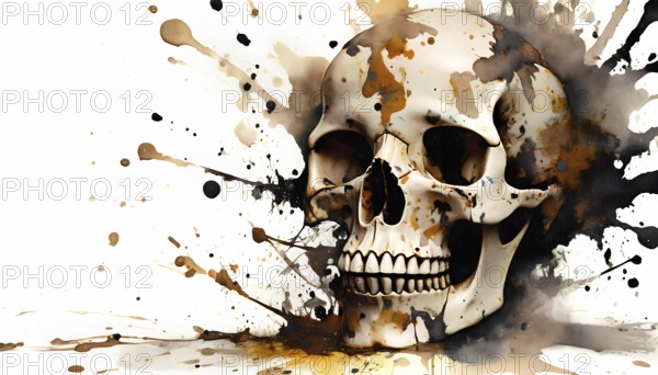 Mortal theme showing a skull in splashy ambiance. AI generated image with lots of paint splashes, splatter and spots