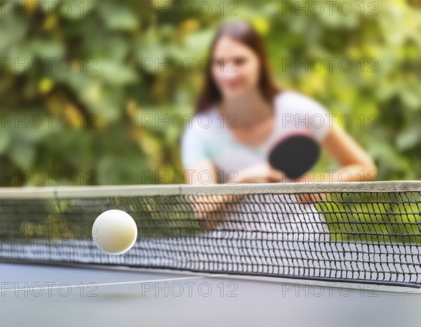 AI generated table tennis scenery including a ball, table with netting and female player